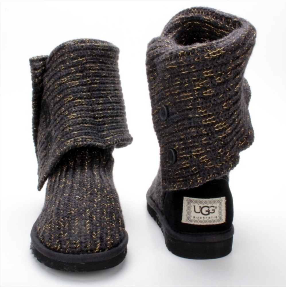UGG VTG y2k Classic Cardy Black Gold Metallic Tall Button Knit Boots - Picture 2 of 9